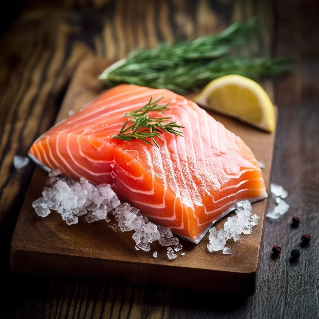 Salmon and ice on wooden table.