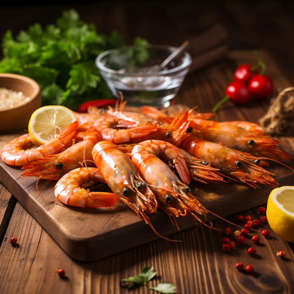 Shrimp and ice on wooden table.