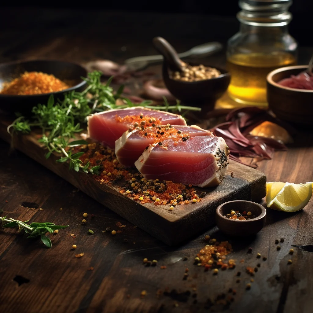 Tuna and ice on wooden table.